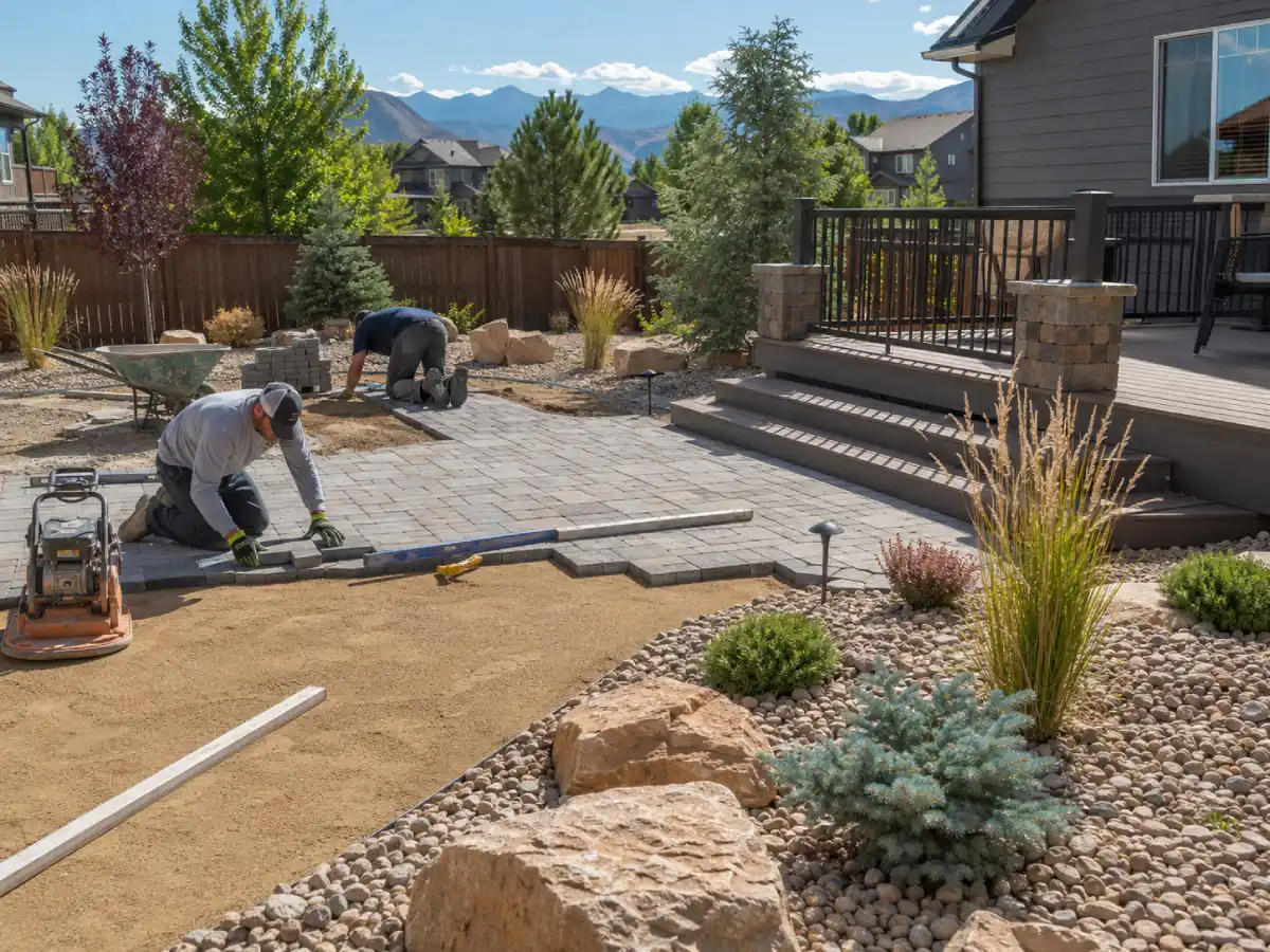 Outdoor living project under construction in Colorado — deck framing and paver installation
