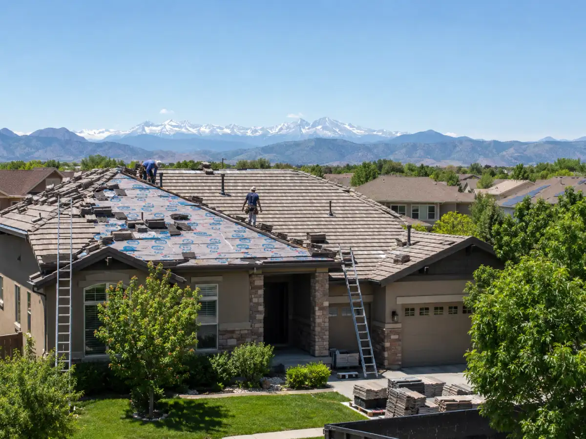 Roof replacement in progress on a Colorado home — tear-off and new shingle installation