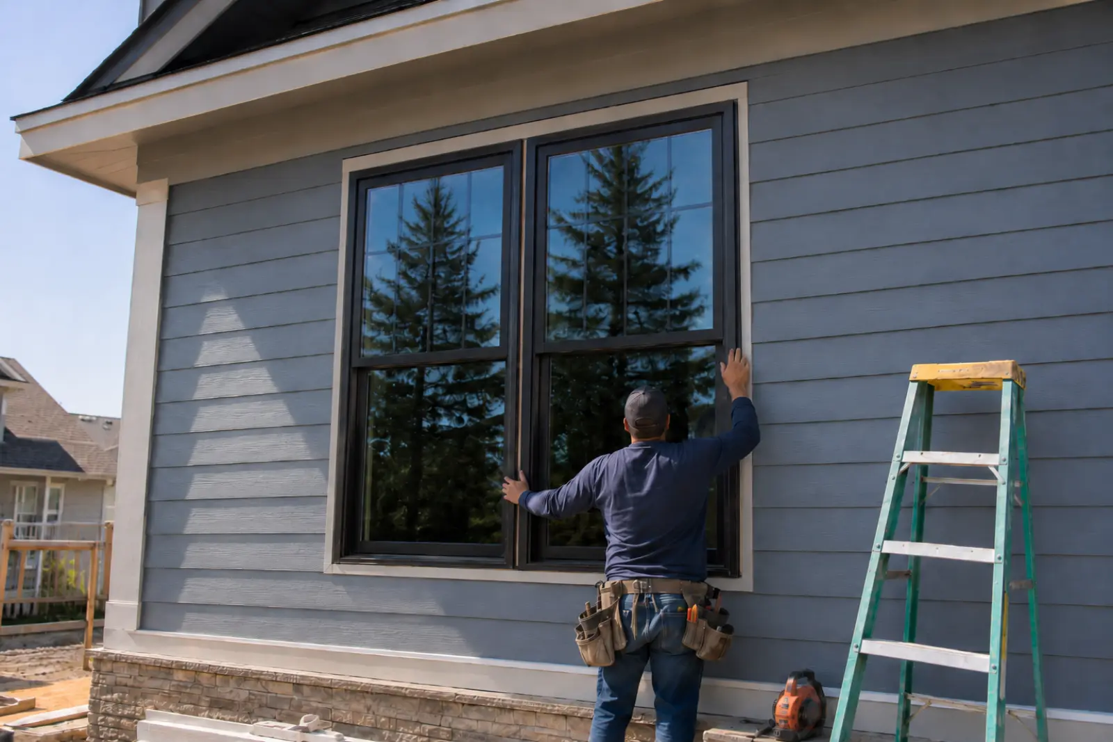 Professional installer fitting a new replacement window in a Colorado home